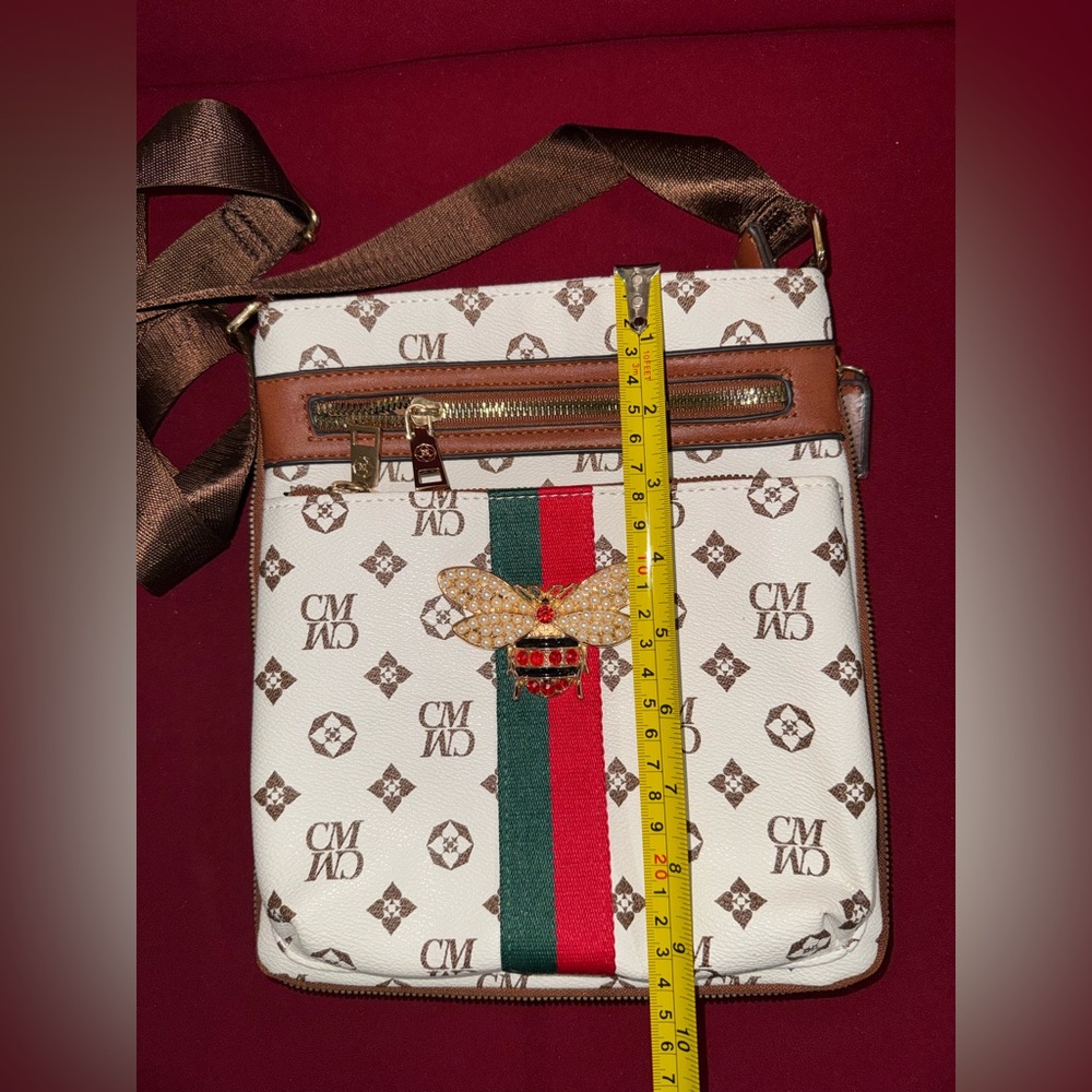 CM Logo Queen Bee Monogram Crossbody Bag with Bee Accent White/Brown/Green/Red - Picture 12 of 12